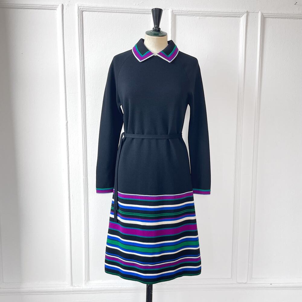 60s 70s Knit A-Line Dress Stripes Collar Same Fabric belt Raglan Sleeve Size 8